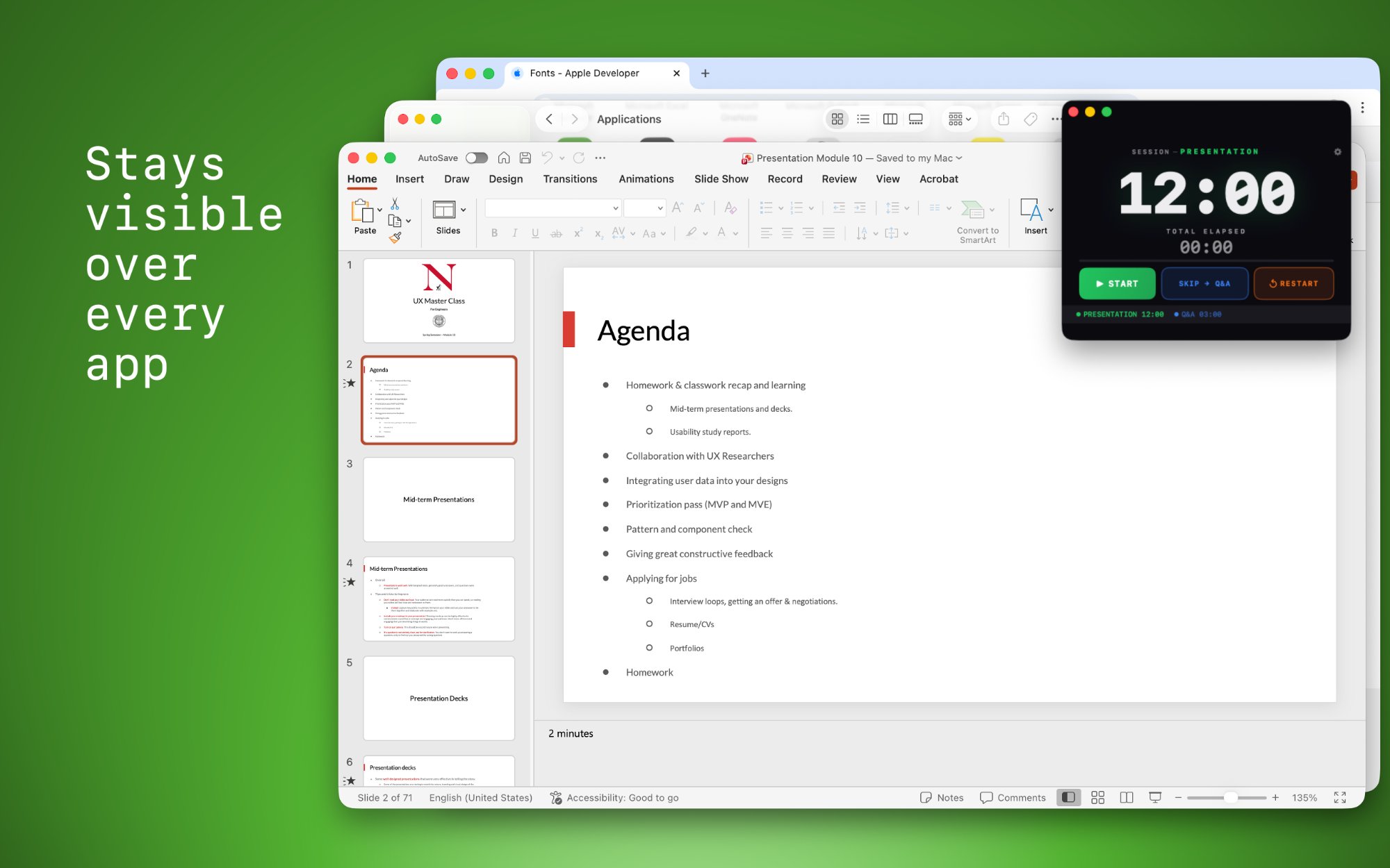 Session Flow Timer stays visible over every app